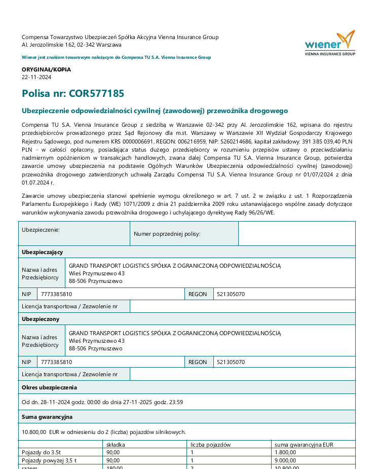 Grand transport logistics ubezpieczenie